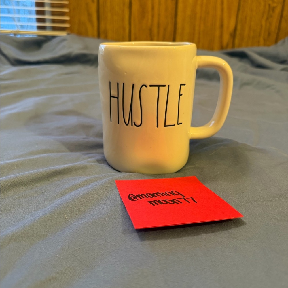 Rae Dunn 'HUSTLE' Ceramic Mug - White with Black Lettering